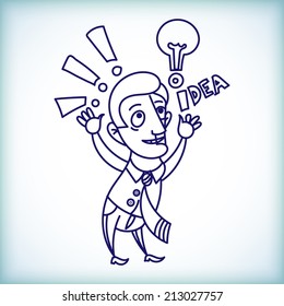 Cartoon businessman came up with the idea over his head Caps light bulb on a white background in the style of doodle