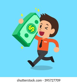 Cartoon businessman carrying big money stack