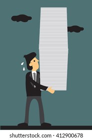 Cartoon businessman carrying a big stack of document. Vector illustration on heavy workload concept. 