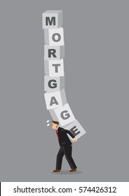 Cartoon businessman carrying heavy blocks that read Mortgage on his back. Creative cartoon vector illustration on metaphor for heavy burden of mortgage loan.