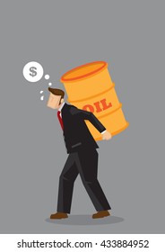 Cartoon businessman carrying heavy oil barrel and thinking of money. Creative vector illustration for concept on costs of oil on business profitability isolated on grey background.