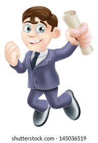 Cartoon businessman with certificate, qualification or scroll jumping for joy with fist clenched. Education concept for learning, training or passing a professional examination eg. career development.