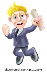 Cartoon businessman with certificate, qualification or scroll jumping for joy with fist clenched. Education concept for learning, training or passing a professional examination 