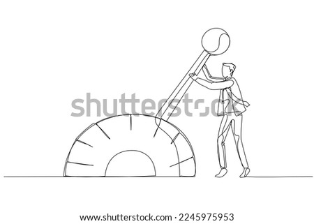 Cartoon of businessman change transmission knob make business to next level. Single line art style