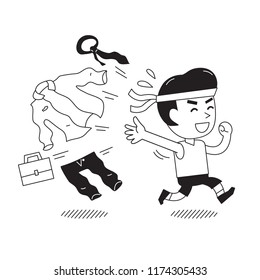 Cartoon businessman changing work uniform to sportswear for design.