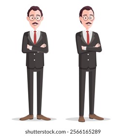 Cartoon Businessman Character Arms Crossed. Businessman Standing with Folded Arms and Smiling, Front and Side view , Isolated Vector Illustration