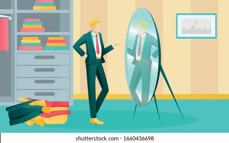 Cartoon Businessman Character Choosing Suit for Business Meeting. Man Trying on Clothes at Home. Guy Rehearsing Speech before Job Interview. Mirror with Male Reflection. Vector Flat Illustration svg