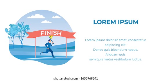 Cartoon Businessman Character in Formal Suit Holding Flag with First Place Running to Finish Line. Competition and Goal Achievement. Inspiration Text Banner. Vector Flat Illustration. Nature Scene