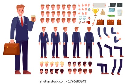 Cartoon businessman character kit. Male office employee in suit with briefcase and body parts, face expressions for animation vector set. Accessories as laptop, documents, mobile phone