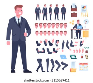 Cartoon businessman character kit. Manager constructor. Guy in formal suit. Body parts in different positions. Legs and hands gestures. Accessories and work desk. Vector