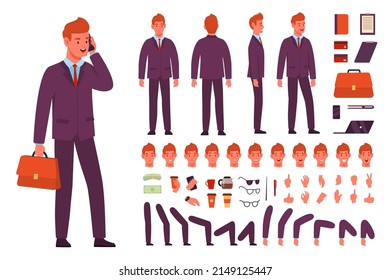 Cartoon businessman character kit. Office employee different poses, various emotions, separate body parts in different positions, man in strict suit, accessories vector set