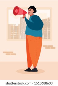 Cartoon Businessman Character with Loudspeaker. Male Manager or Boss Screaming in Megaphone. Target and Digital Marketing. Announcement or Invitation. Vector Flat Room Interior Illustration