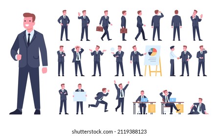 Cartoon businessman character poses. Manager in formal suit. Different gestures and situations. Employee working process. Actions and emotion expressions. Vector worker