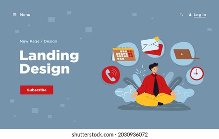 Cartoon businessman character practicing yoga or meditation. Flat vector illustration. Man relaxing on mat relieving stress from office work, focusing on balance, Zen. Health, time management concept
