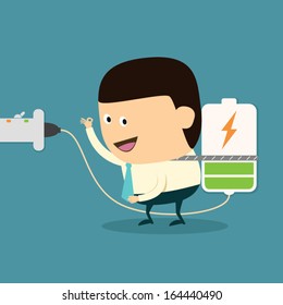 Cartoon Businessman charging battery,idea concept for Business life worker