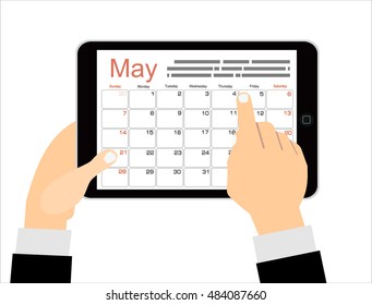 Cartoon businessman clicks on the day calendar app on a tablet computer. Top view. Vector illustration in flat design