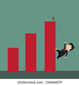 cartoon businessman climbing the business chart by a rope, vector illustration.