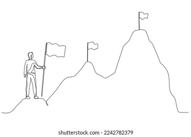 Cartoon of businessman climbing up mountains concept of business development. One line art style