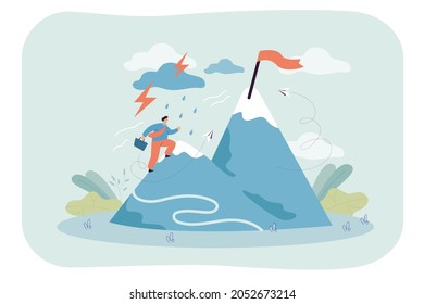 Cartoon businessman climbing snowy mountain towards flag. Man with belief and ambition making effort to reach goal flat vector illustration. Perseverance, challenge concept for banner, website design