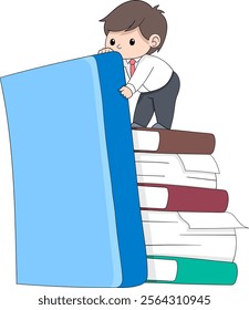 A cartoon businessman climbing a tall stack of books, symbolizing knowledge, effort, and time management in achieving goals.