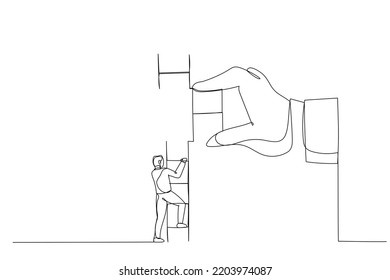 Cartoon of businessman climbing up to top of broken ladder with huge helping hand to connect to reach higher. Single continuous line art style
