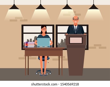 cartoon businessman at conference podium and businesswoman at desk inside office, colorful design. vector illustration