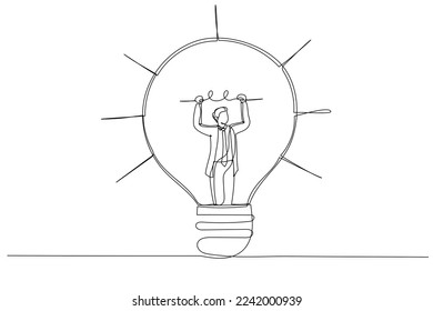 Cartoon of businessman connect electricity to lightbulb idea metaphor of new business idea. One line art style
