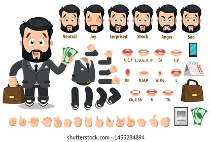 Cartoon businessman constructor for animation. Parts of body: legs, arms, face emotions, hands gestures, lips sync. Full length, front, three quater view. Set of ready to use poses, objects.