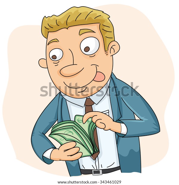 Cartoon Businessman Counting Money Smile Expression Stock Vector