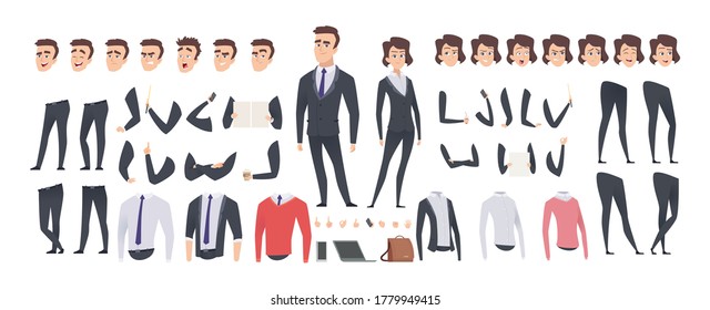 Cartoon Businessman Creation Kit. Business Woman And Man Or Managers Constructor, Body Gesture And Hairstyle And Emotions Vector Set