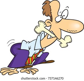 cartoon businessman crouched down like a dog with a bone in his mouth