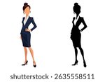 Cartoon businessman in dark blue suit with red tie, faceless male avatar standing confidently, paired with solid black silhouette version and white background.