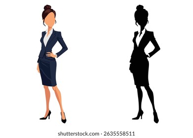 Cartoon businessman in dark blue suit with red tie, faceless male avatar standing confidently, paired with solid black silhouette version and white background.