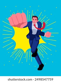 Cartoon businessman delivering a powerful punch with a dynamic comic splash background. Ideal for themes of breakthrough, success, and determination