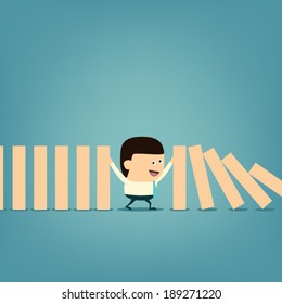 Cartoon Businessman with domino Business protect concept