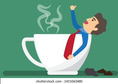 Cartoon businessman drink coffee because of drowsiness and need more big coffee cup. (suffer from severe dysentery), Coffee addiction. vector illustration.