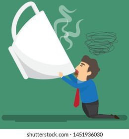 Cartoon businessman drink coffee because of drowsiness and need more big coffee cup. (suffer from severe dysentery), Coffee addiction. vector illustration.