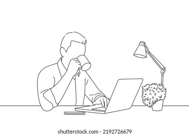 Cartoon of businessman drinking coffee while sitting at his working place at night time rebooting his energy to work. Outline drawing style art
