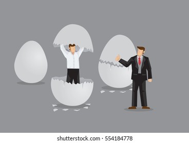 Cartoon businessman emerges from cracked egg. Creative vector illustration on metaphor for new and upcoming young business manager.