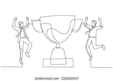 Cartoon of businessman employee jump in the air with trophy cup concept of recognition. One continuous line art style