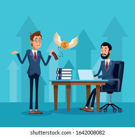 cartoon businessman with empty wallet and businessman sitting at office desk over blue background, colorful design, vector illustration