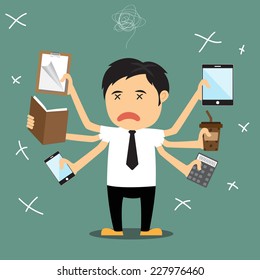 Cartoon businessman error, He several hand failing to multitask and trying to do multiple office tasks at once, vector illustration.