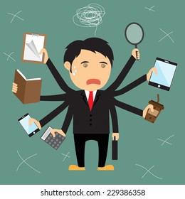 Cartoon businessman error, He several hand failing to multitask and trying to do multiple office tasks at once, vector illustration.