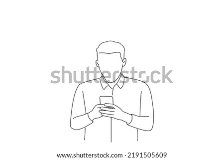 Cartoon of businessman expressing amazement while using cellphone and shocked. Line art style
