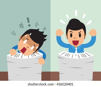 Cartoon businessman expressing different emotions with paperwork