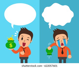 Cartoon businessman expressing different emotions with speech bubbles