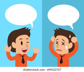 Cartoon businessman expressing different emotions with speech bubbles