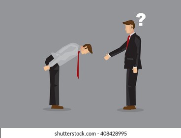 Cartoon businessman extend arm for handshake but was greeted by a full bow. Vector illustration on confusion from cultural diversity in businesses concept isolated on grey background