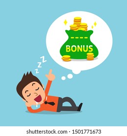 Cartoon businessman falling asleep and dreaming about bonus money for design.
