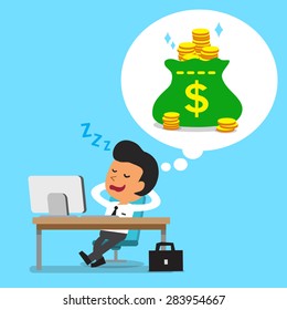 Cartoon businessman falling asleep and dreaming about money
